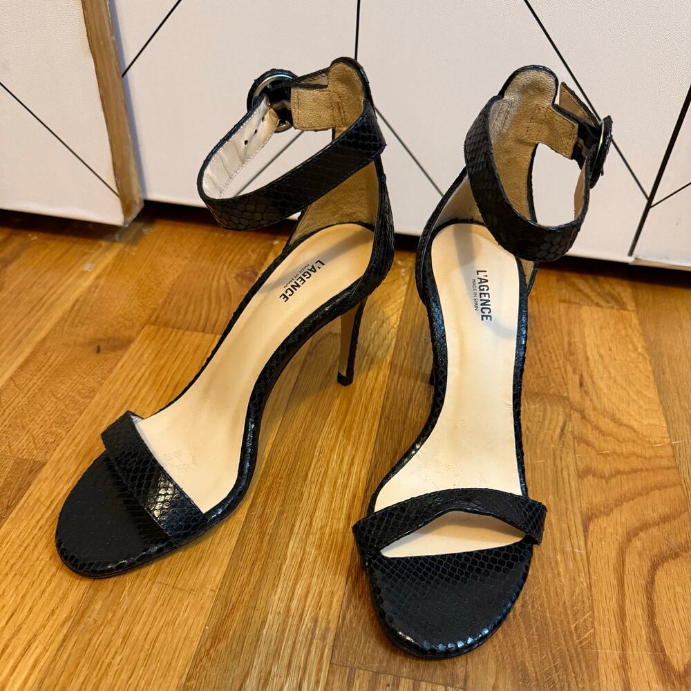 L’agence Women’s 37.5 Black Snake Skin Gisele High Heel Sandal Strappy Chic